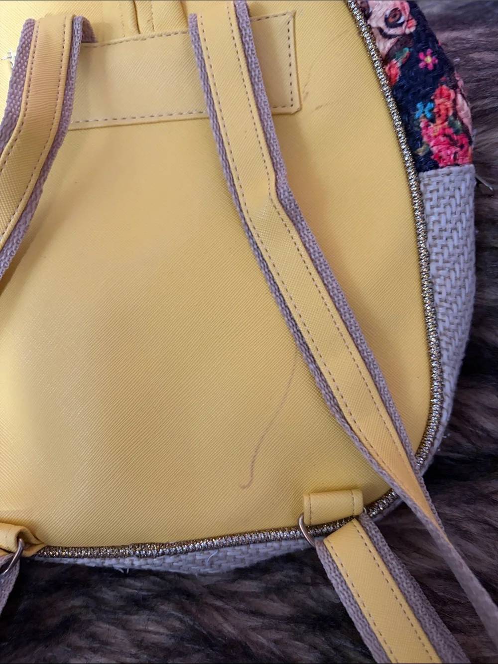 Mexican Artist Frida Kahlo Mini Backpack Animated Female Floral Yellow Woven